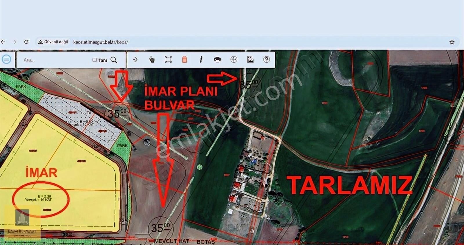 Etimesgut Yapracık Satılık Tarla 35m'lik Bağlıca Bulvar Yanı 2.3emsal Yanı Planiçi 2 Dönüm Tarla