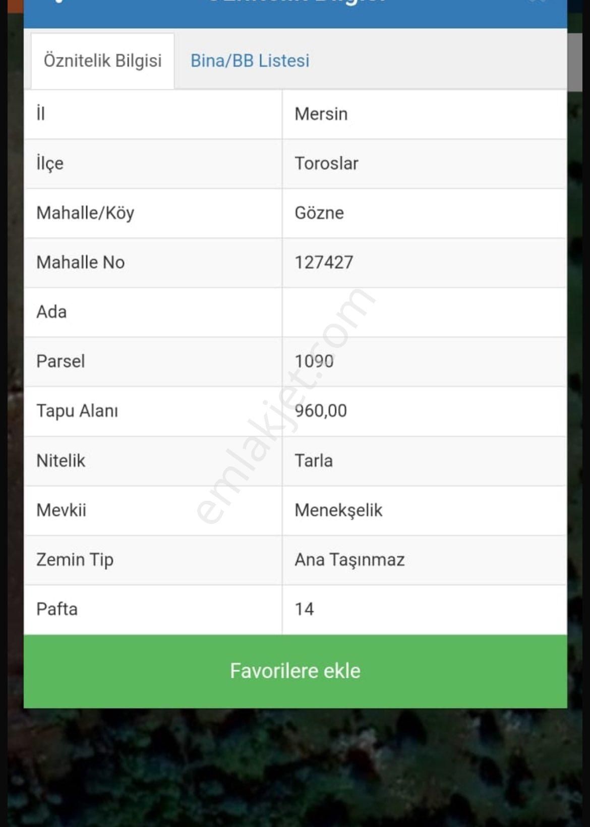 Toroslar Gözne Satılık Tarla Mersin Toroslar Göznede 960m2