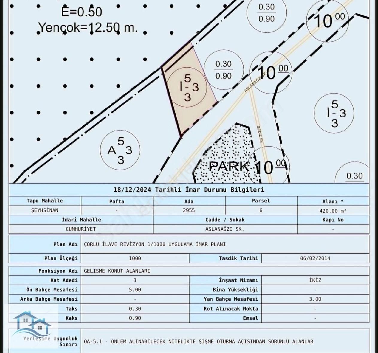 Çorlu Şeyh Sinan Satılık Konut İmarlı Şeyhsınan Mah 3 Kat %30 420 M2 Arsa