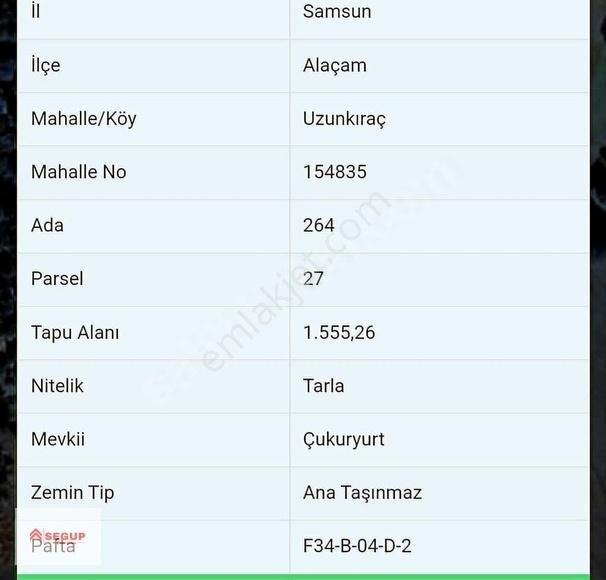 Alaçam Uzunkıraç Satılık Tarla Alaçam Uzunkıraç 1.555 M2 Tek Müstakil Tapu Acil Satılık