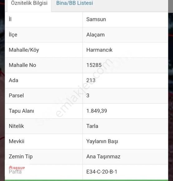 Alaçam Harmancık Satılık Tarla Alaçam Harmancık Deniz Manzaralı Resmi Yola Cephe Müstakil Tapu