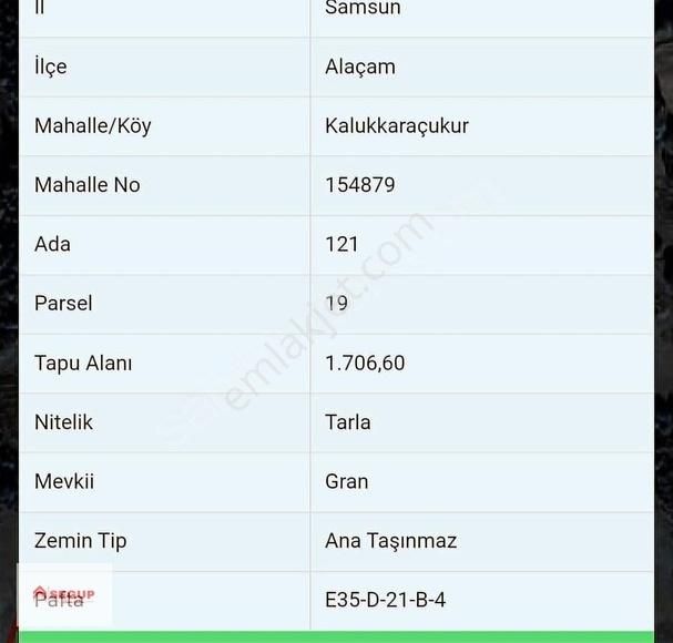 Alaçam Karaçukur Satılık Tarla Alaçam Kalukkaraçukur Asfalt Yola Yakın Yerleşime Yakın 1707 M2