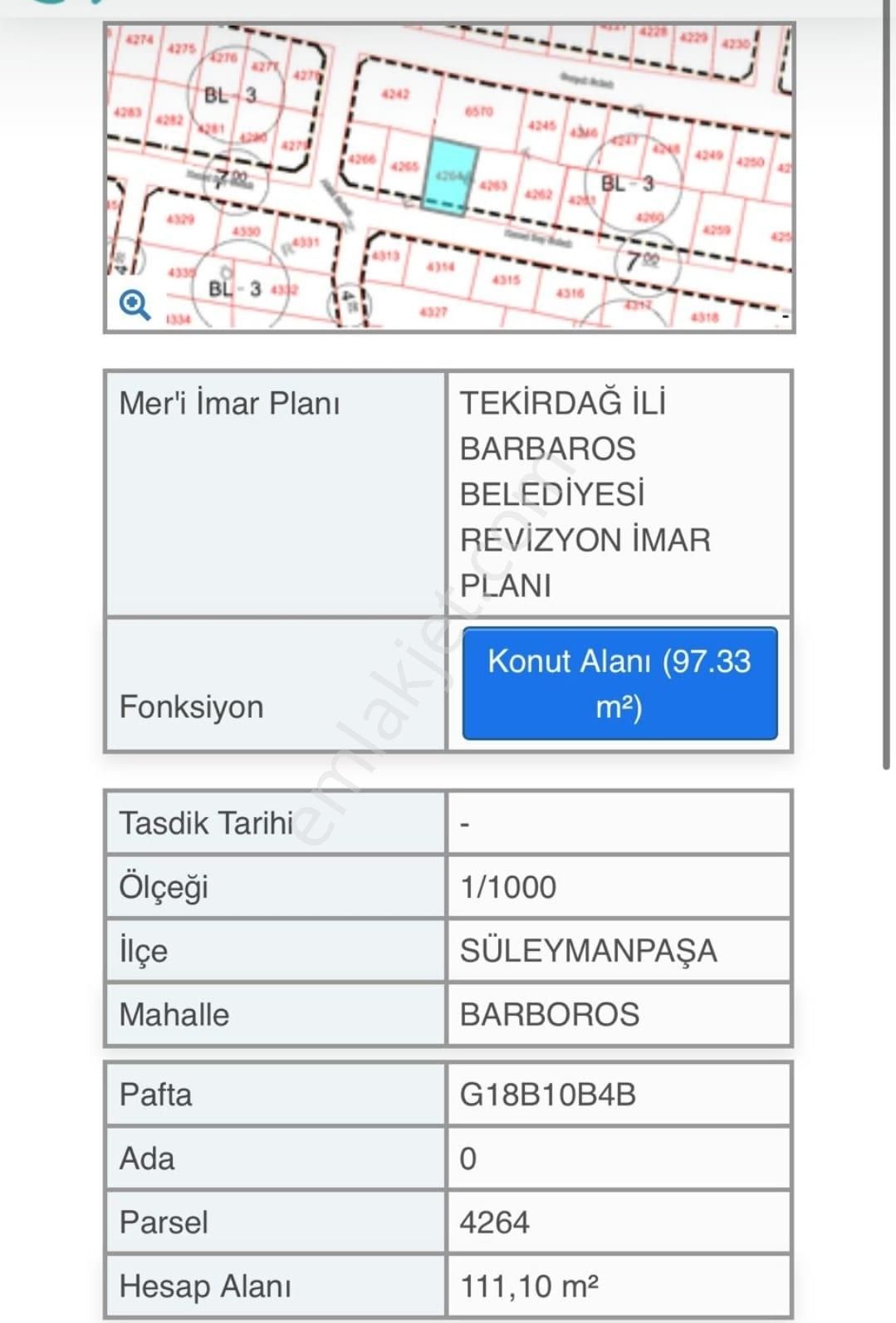 Süleymanpaşa Barbaros Satılık Tarla Satılık Arsa Tekirdağ Süleymanpaşa Mah 111m2 Bitişiknizam 3 Kat Villa İmarlı Arsa