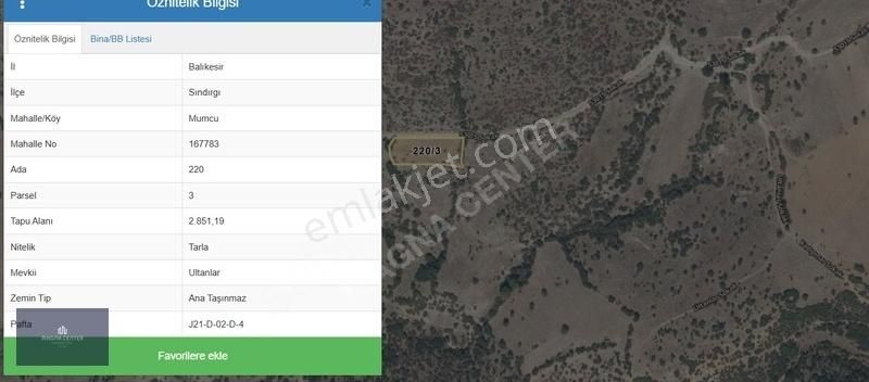Sındırgı Mumcuköy Satılık Tarla Magnadan Balıkkesir Mumcuda 2.851m2 Tek Tapu Satılık Tarla