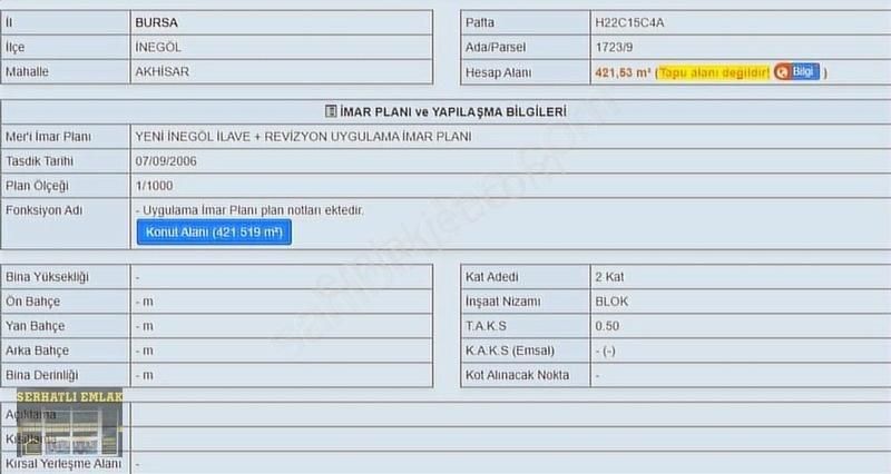 İnegöl Akhisar Satılık Konut İmarlı Serhatlı'dan Akhisar'da 420m2 Uygun Fiyatlı Arsa