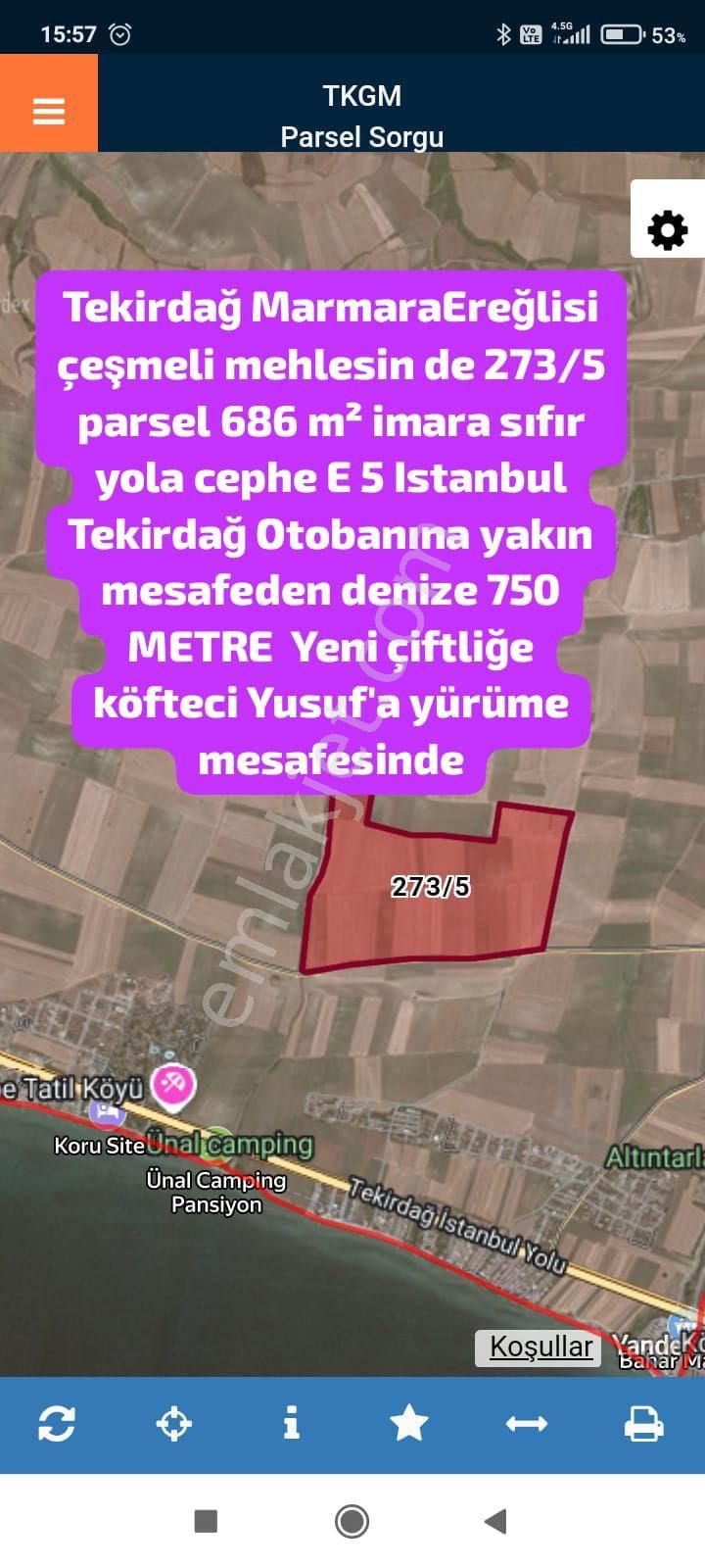 Marmaraereğlisi Çeşmeli Satılık Tarla Tekirdağ Marmaraereğlisi Çeşmeli Mehlesin