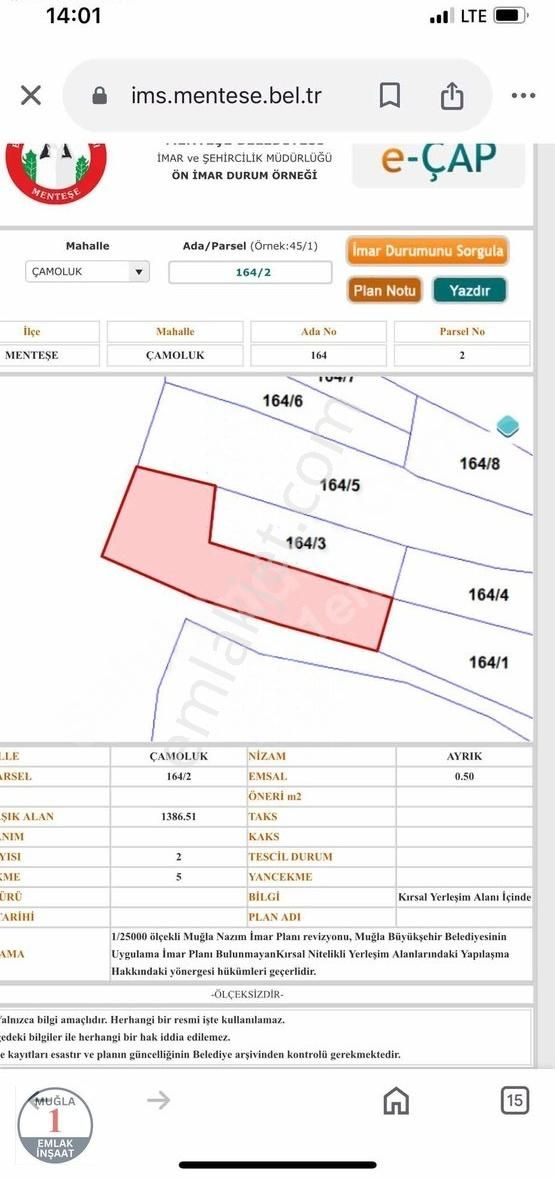 Menteşe Çamoluk Satılık Tarla Muğla Çamolukta Dere Kenarı Arsa