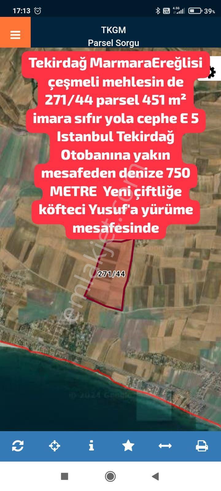 Marmaraereğlisi Çeşmeli Satılık Tarla Tekirdağ Marmaraereğlisi Çeşmeli Mehlesin De 271/44