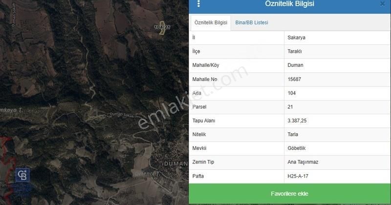 Taraklı Duman Satılık Tarla Sakarya Taraklı'da Verimli 3387 M2 Satılık Arsa