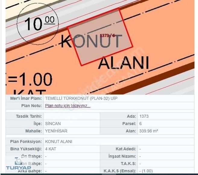 Sincan Yenihisar Satılık Konut İmarlı Turyap'tan Temelli Yenihisar'da 340m 1 Emsal 4 Kat Satılık Arsa