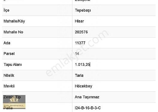 Tepebaşı Hisar Satılık Tarla İmza'dan Eskişehir Hisar'da Satılık Arsa