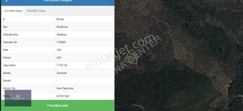 Mudanya Tirilye Satılık Zeytinlik Magna Centerdan Mudanya Talatbeyde 1.731m2 Satılık Zeytinlik