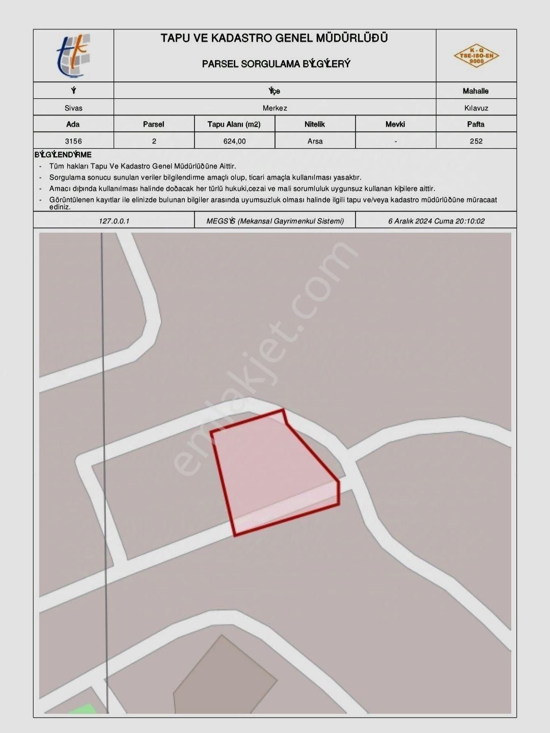 Sivas Merkez Huzur Satılık Konut İmarlı Karahan Emlak'tan Kılavuz'da Satılık 206 M² Arsa✅ada : 3156 * Parsel : 2 = 206 M²