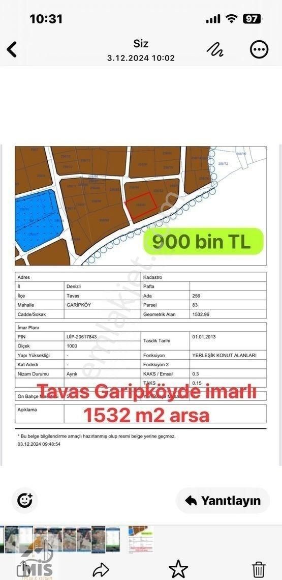 Tavas Garipköy Satılık Tarla Tavas Garipköyde İmarlı 1530 M2 Arsa