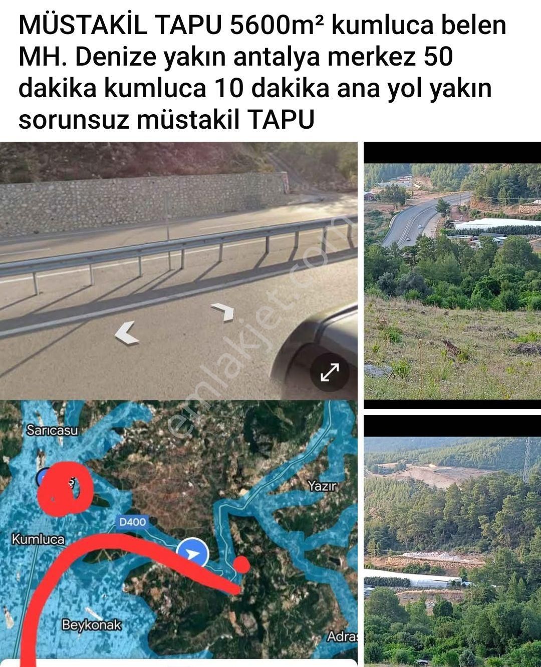 Kumluca Belen Satılık Tarla Müstakil Tapu 5600m² Kumluca Belen Mh.