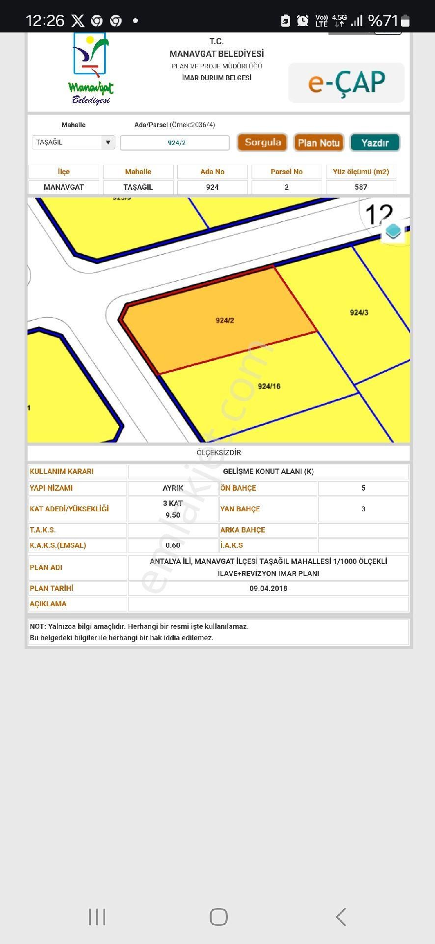 Manavgat Ilıca Satılık Ticari İmarlı Ilıca Da 878 M2 Satılık Köşe Arsa