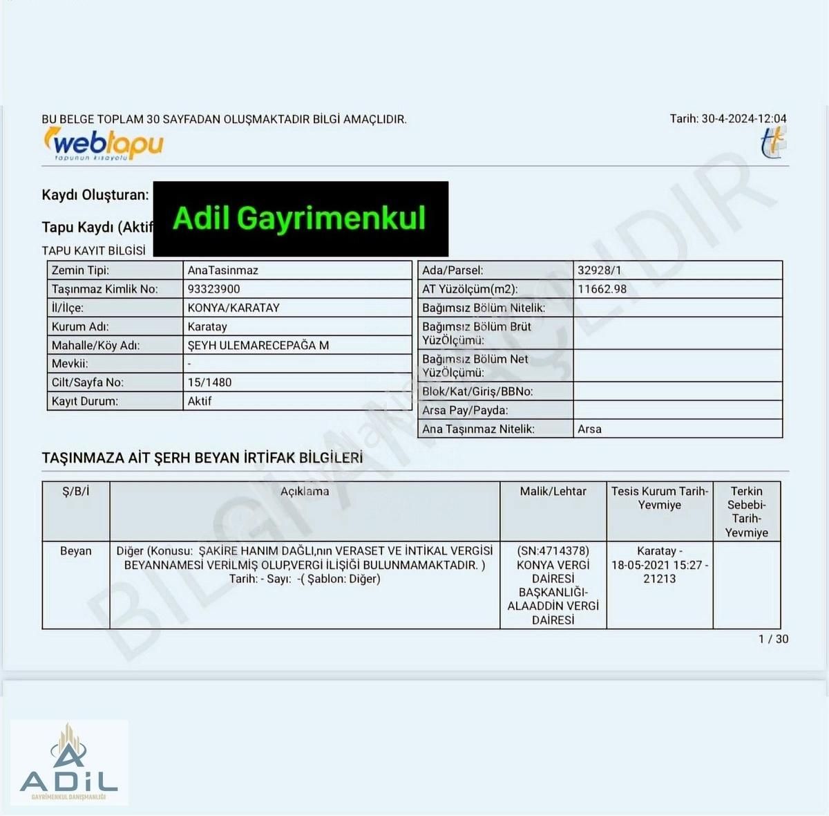 Karatay Köprübaşı Satılık Konut İmarlı İşgalaman Recep Ağa Mah İmarlı Arsa