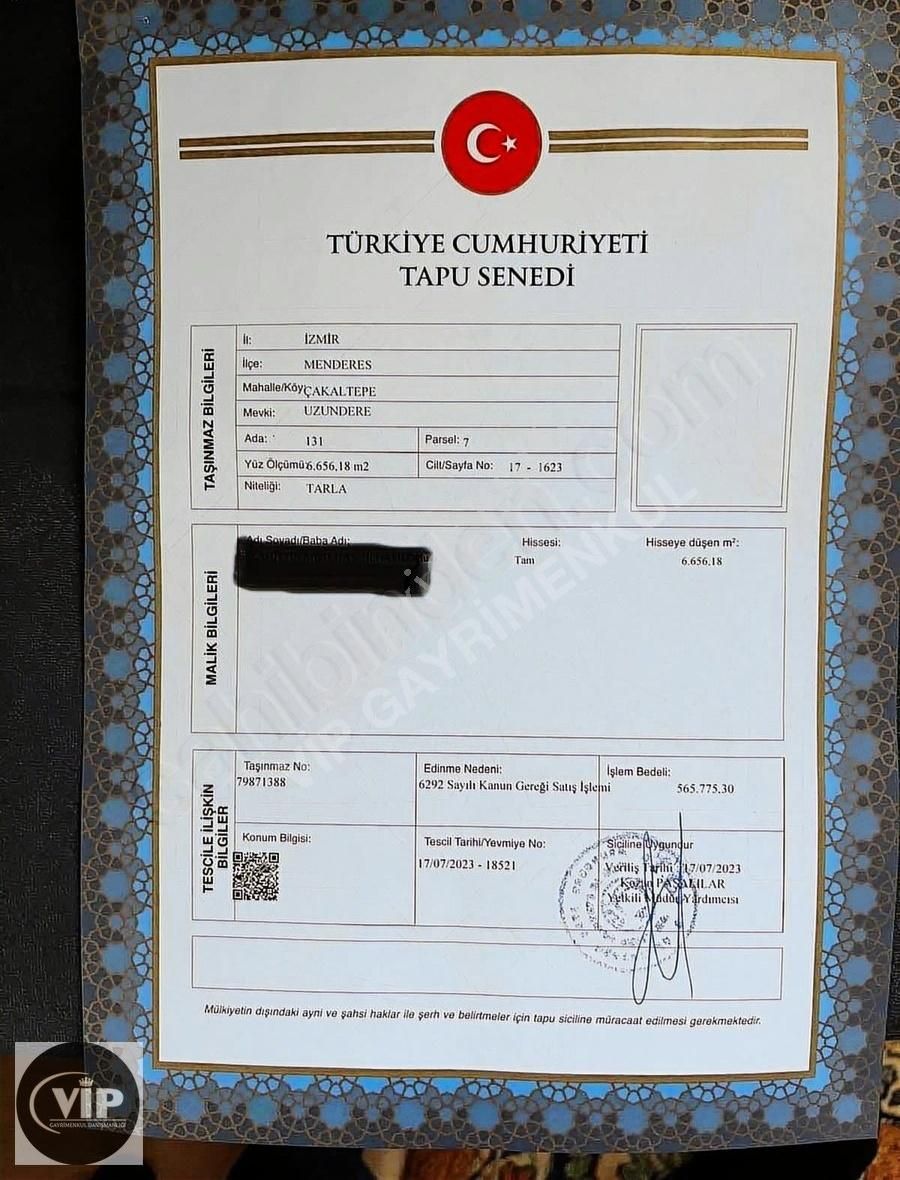 Menderes Çakaltepe Satılık Tarla Vip Gayrimenkulden Menderes'de Tek Tapulu Satılık Tarla