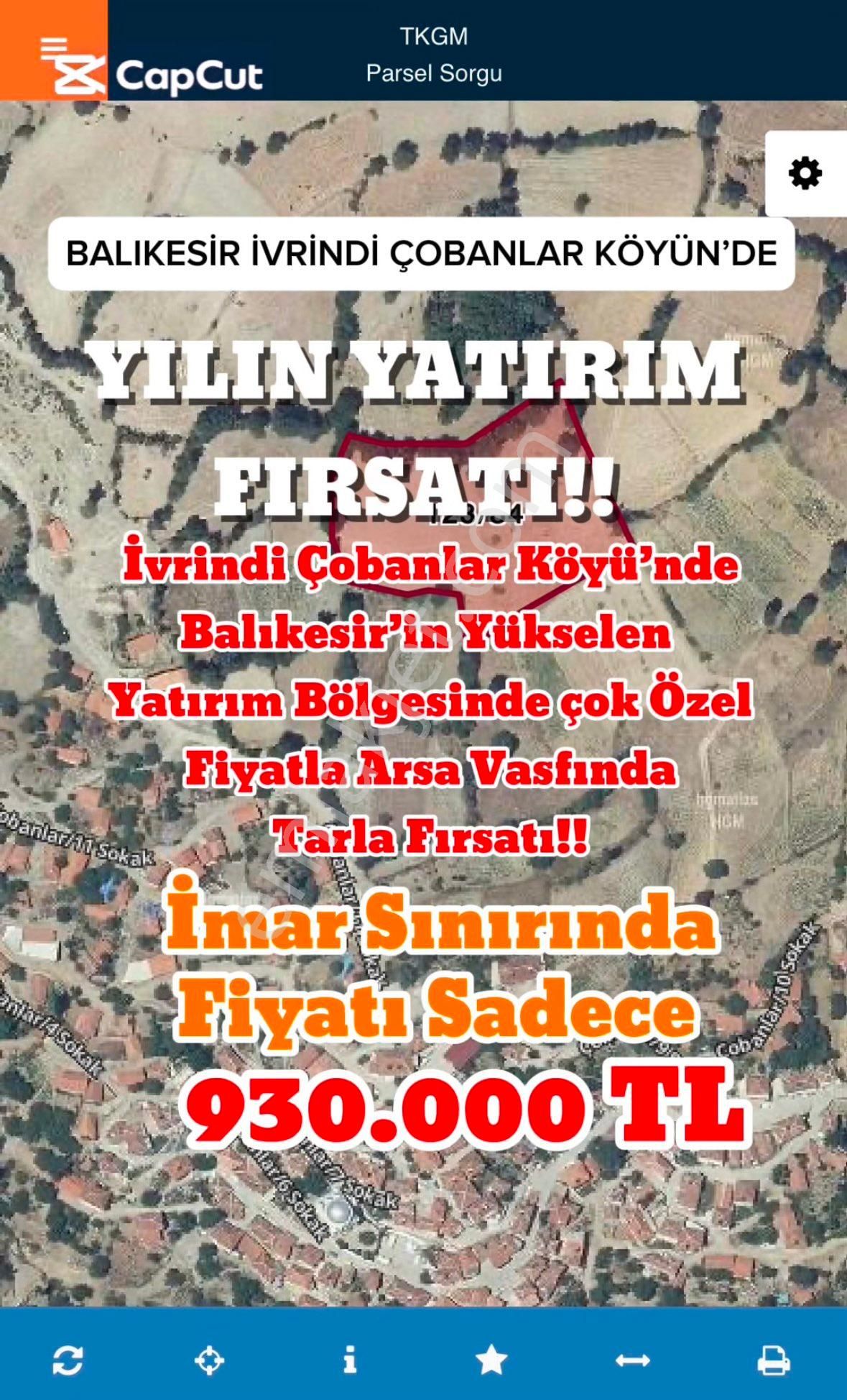 İvrindi Çobanlar Satılık Tarla Balıkesir İvrindi Çobanlar Köyünde 8.411 M2 Arsa Vasfında Tarla Fırsat Fiyat !!