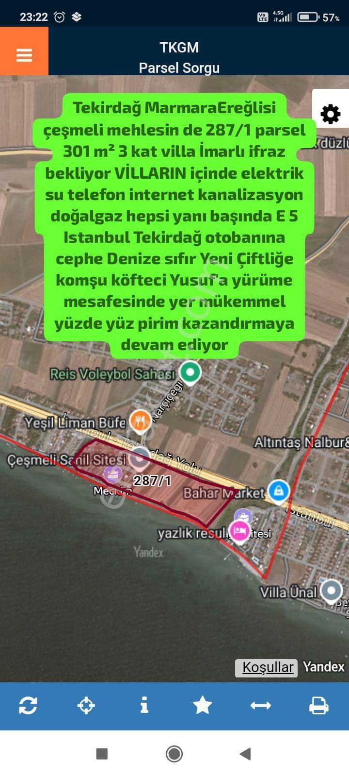 Marmaraereğlisi Çeşmeli Satılık Tarla Tekirdağ Marmaraereğlisi Çeşmeli Mehlesin De 287/1 Parsel 301 M² 3 Kat Villa İmarlı Binlik Planları