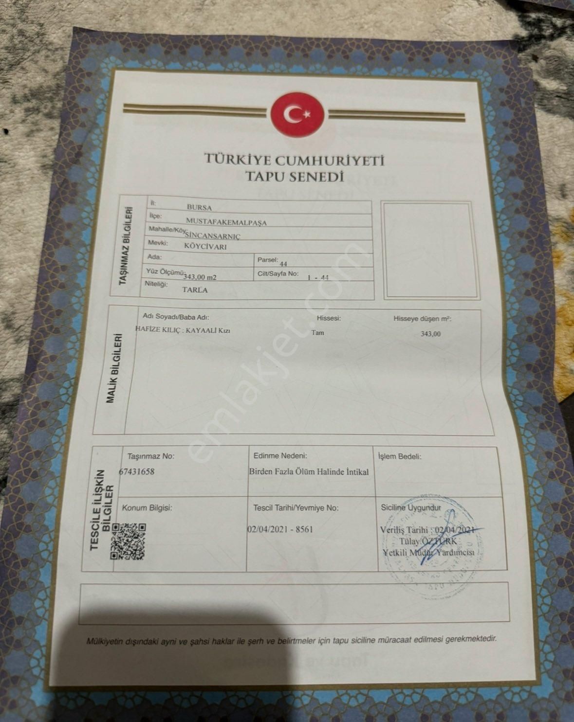 Mustafakemalpaşa Sincansarnıç Satılık Tarla İhtiyaçtan Acil Satılık