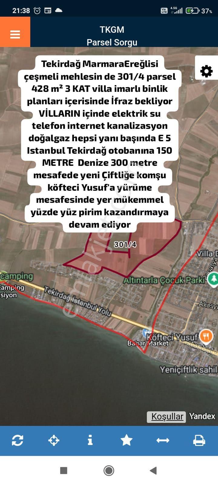 Marmaraereğlisi Çeşmeli Satılık Tarla Tekirdağ Marmaraereğlisi Çeşmeli Mehlesin De 301/4 Parsel 428 M² 3 Kat Villa İ