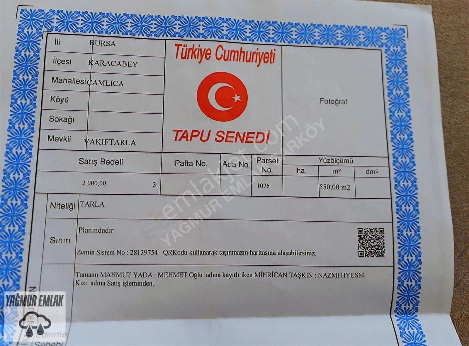 Karacabey Çamlıca Satılık Tarla Yağmur Emlaktan Bursa Karacabey Çamlıca Mah 550 Metre Tarla