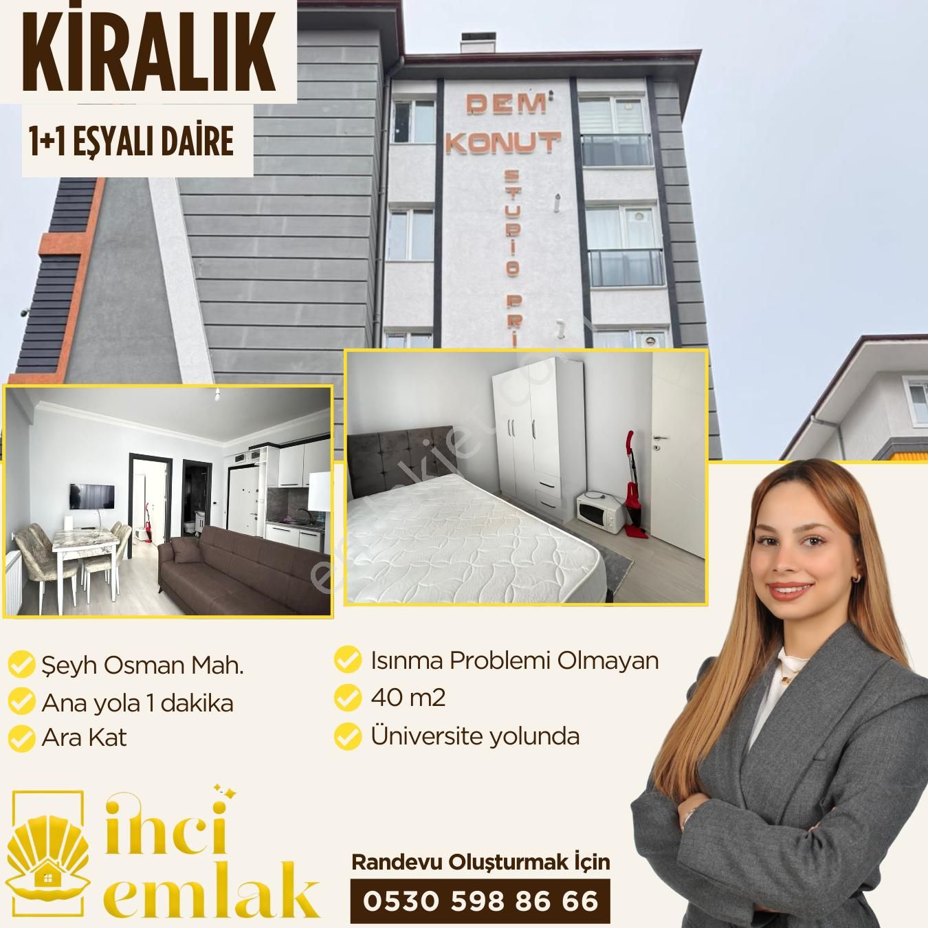 Yozgat Merkez Şeyh Osman Kiralık Daire İnci Emlak'tan 1+1 Eşyalı Kiralık Daire