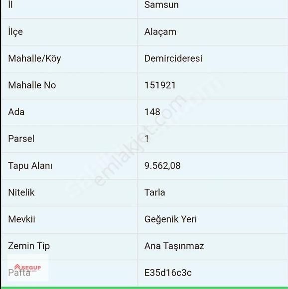 Alaçam Demircideresi Satılık Konut İmarlı Alaçam Demircideresi 5 E Bölünen Köy İçi İmarlı 9.563 M2 Tektapu