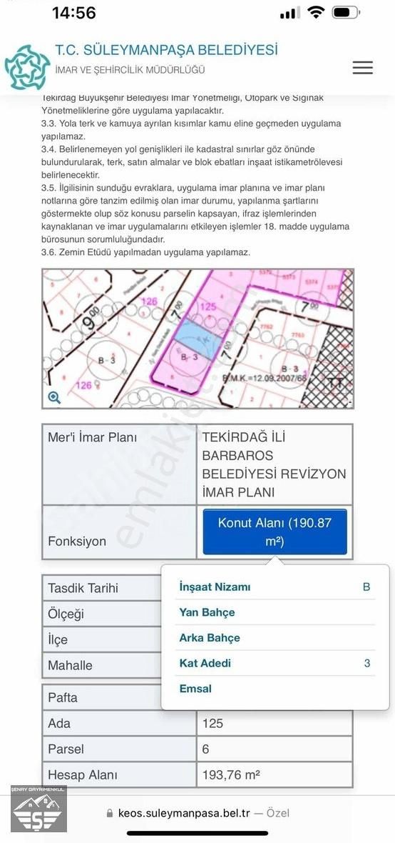 Süleymanpaşa Barbaros Satılık Konut İmarlı Tekirdağ Barbarosta Satılık Arsa