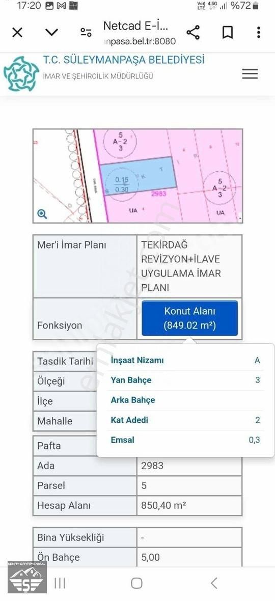 Süleymanpaşa Karadeniz Satılık Konut İmarlı Tekirdağ Süleymanpaşa Yavuz Mahallesi Satılık Arsa