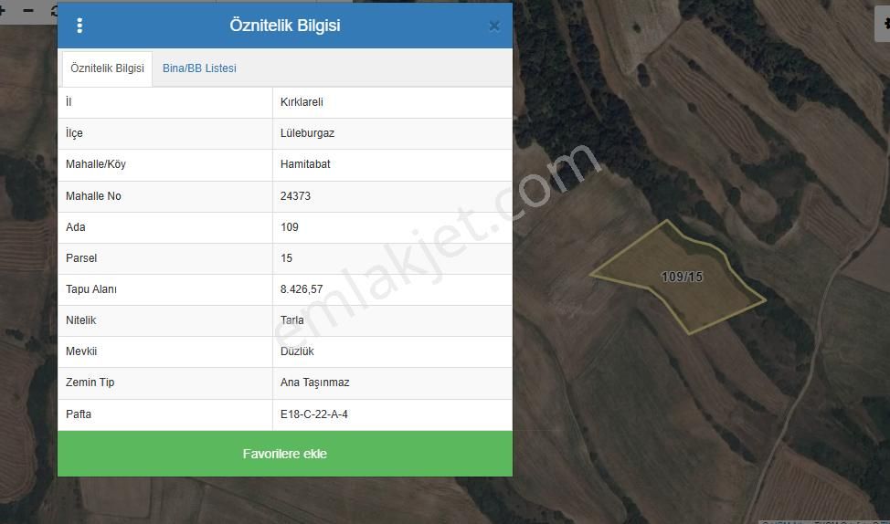 Lüleburgaz Hamitabat Köyü (Köydışı) Satılık Tarla Turyap'tan Lüleburgaz Hamitabat Köyde 8.426 M2 Satılık Tarla