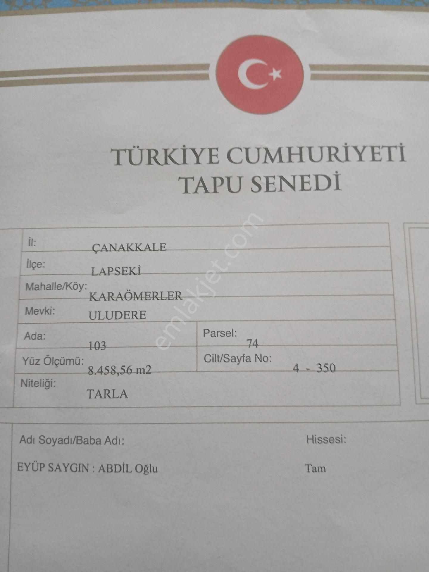 Lapseki Adatepe Köyü (Yol Altı Mevkii) Satılık Tarla Lapsekide Yatırımlık