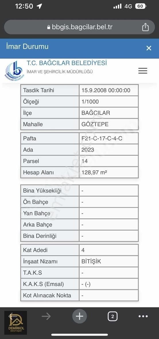 Bağcılar Göztepe Satılık Ticari İmarlı Demirkol İnşaattan Göztepe Cadde Üzerinde 129 M2 Satılık Arsa