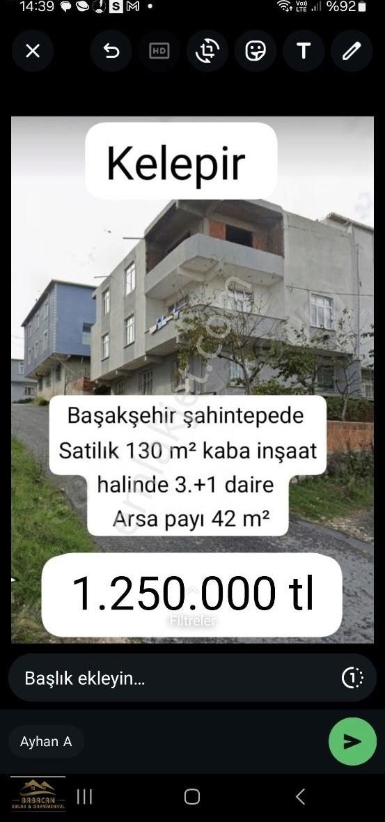 Başakşehir Şahintepe Satılık Daire Acil Satılık Na Tamam 3+1 Kaba İnşaat 130 Metrekare