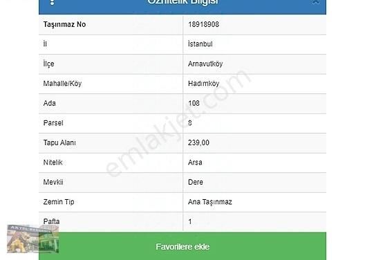 Arnavutköy Hadımköy Satılık Konut İmarlı Acil Acil Acil Hadımköy Merkezde 3 Kat İmarlı 239 M² Arsa