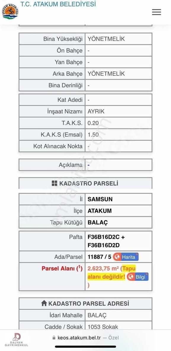 Atakum Balaç Satılık Konut İmarlı Balaç 2.620 M2 Arsa 1.50 Emsal Rte Bulvarına 100 M Mesafede