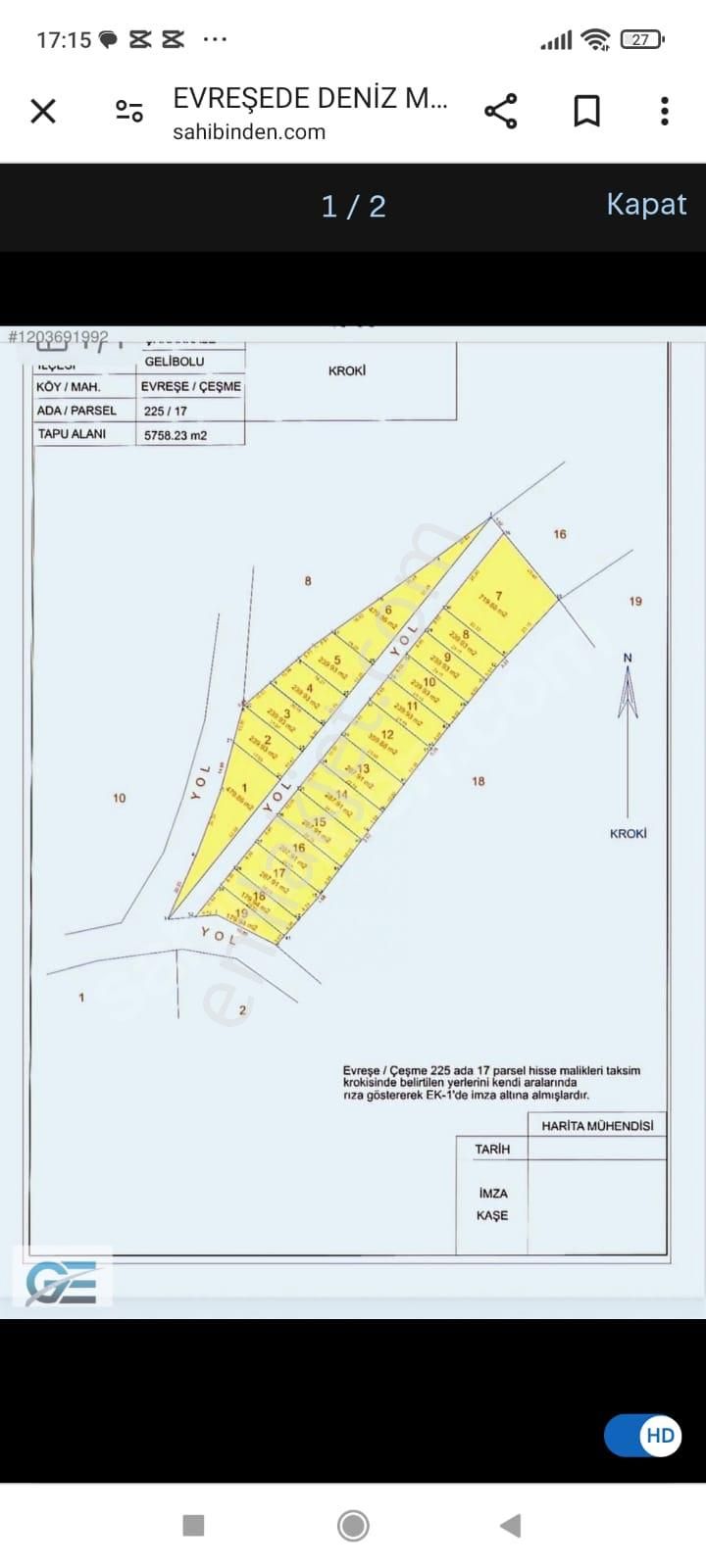 Gelibolu Evreşe Bld. (Çeşme) Satılık Bağ & Bahçe Gelibolu Evreşe Deniz Manzaralı Satılık Hisse