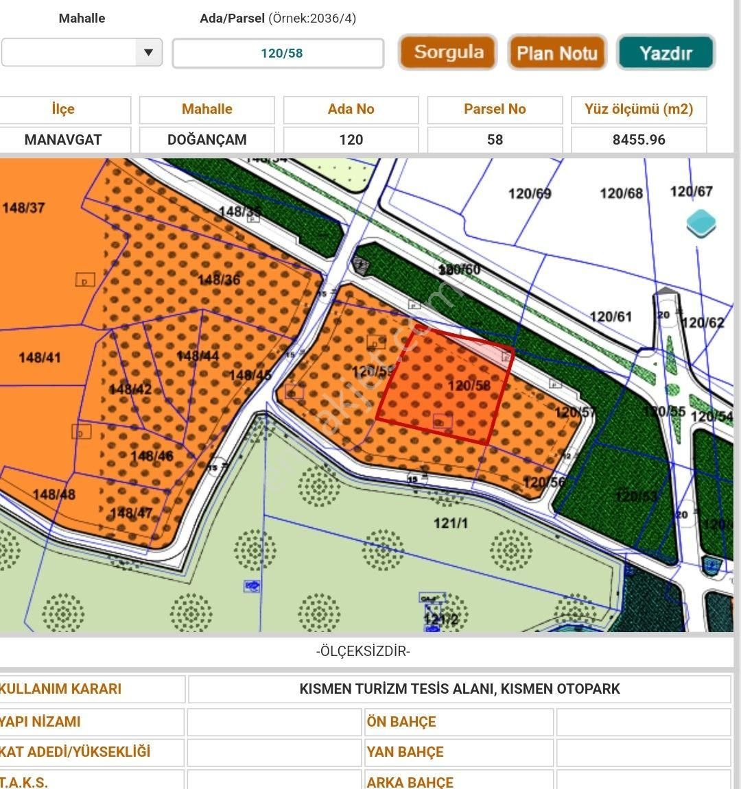 Manavgat Doğançam Satılık Turizm/Konut Alanı Dogançamda Denize 1 Km Mesafede İmar Sınırında 704 M² Turizm Tesis Alani Hissesi