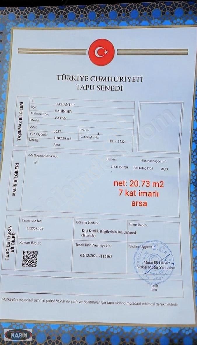 Şahinbey Vatan Satılık Konut İmarlı Yeşil Vadi Parkı Karşısı 8 Kat İmarlı Arsa İçinden Hisse