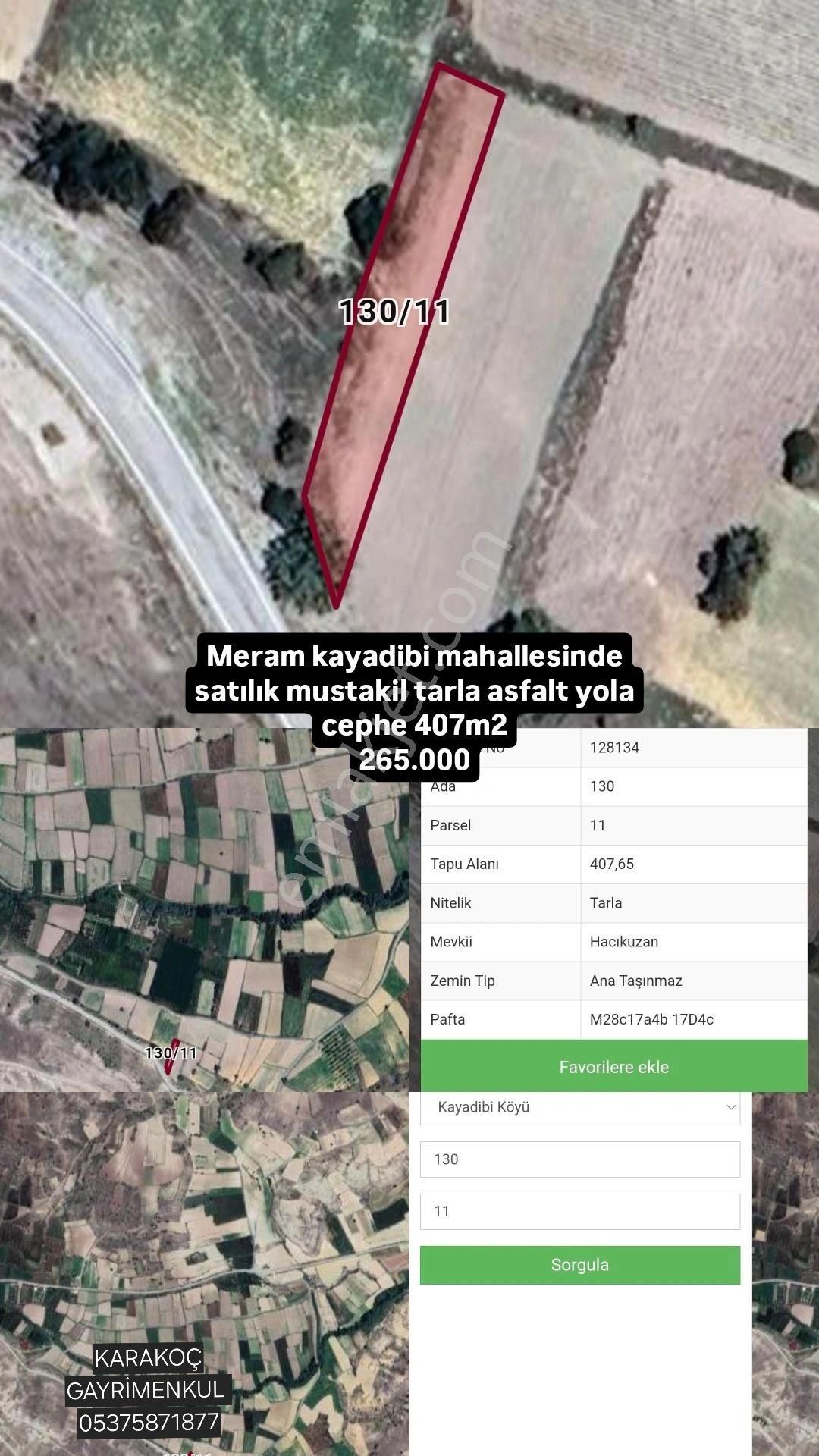 Meram Kayadibi Satılık Tarla Meram Kayadibi Satılık Asfalt Cephe407m2 Bahçe