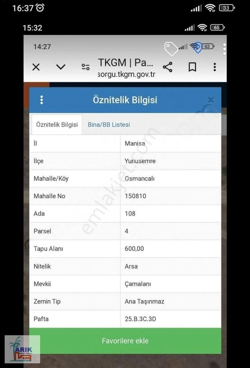 Yunusemre Osmancalı Satılık Konut İmarlı Arık Emlak'tan Satılık 2.5 Kat İmarlı Arsa