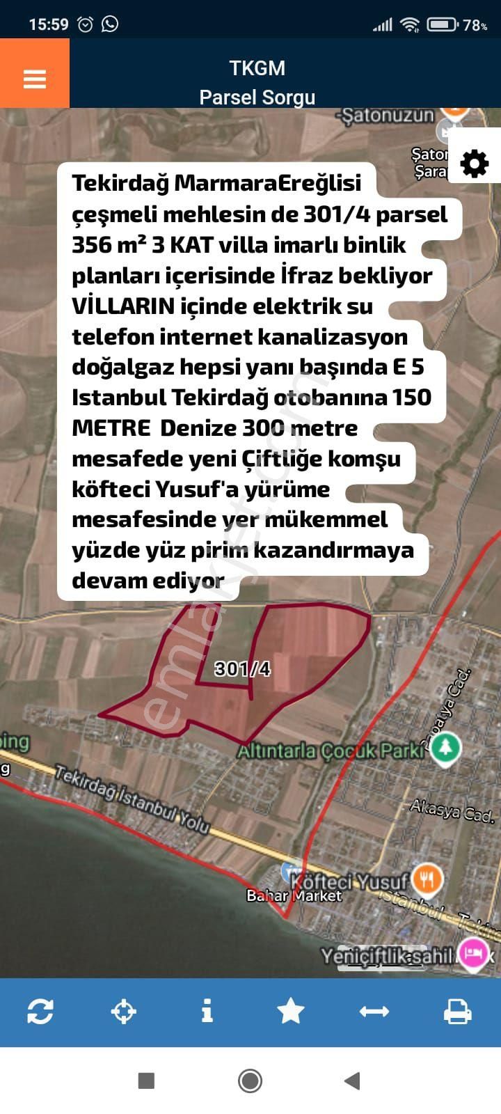 Marmaraereğlisi Çeşmeli Satılık Tarla Tekirdağ Marmaraereğlisi Çeşmeli Mehlesin De 301/4 Parsel 356 M² 3 Kat