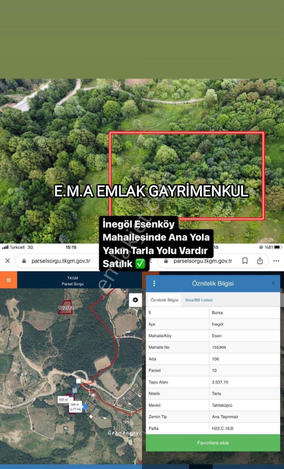 İnegöl Esenköy Satılık Tarla E.m.a Emlak Gayrimenkul Güvencesinde İnegöl Esenköyde Satılık 3.537 M2 Tarla