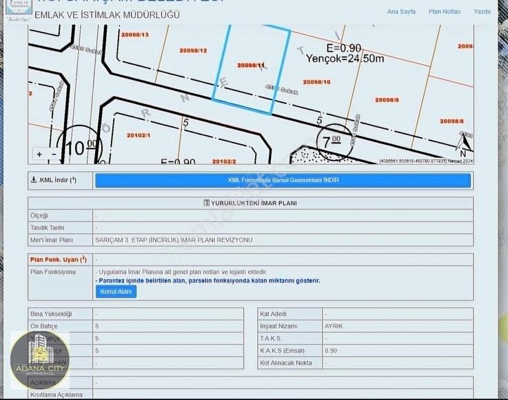 Sarıçam Kemalpaşa Satılık Konut İmarlı *incirlik* İmarlı Emsal 0,90 Park Manzaralı Güney Cephe