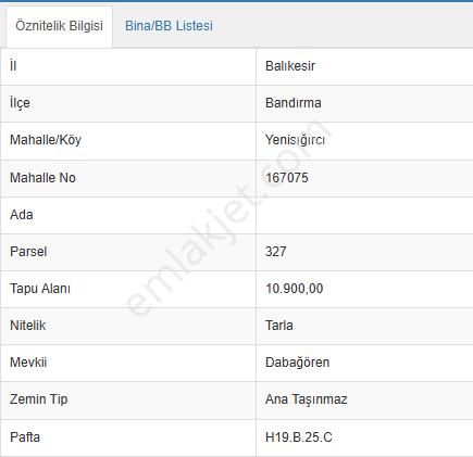 Bandırma Yenisığırcı Satılık Tarla Balıkesir Bandırma Yenisığırcı Mah. 10.900 M2 Satılık Tarla