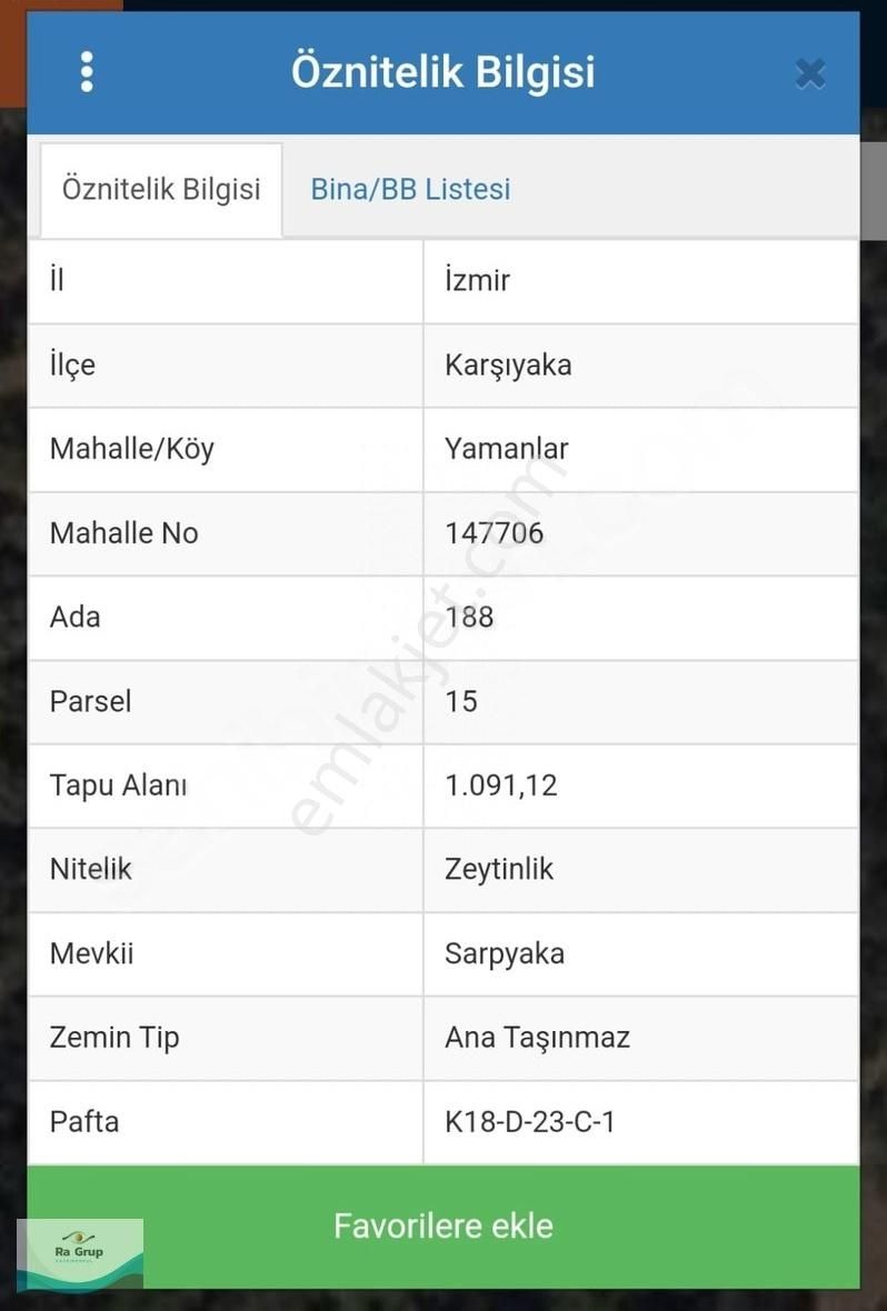 Karşıyaka Yamanlar Satılık Zeytinlik Karşıyaka Yamanlar'da 1091 M2 Zeytinlik