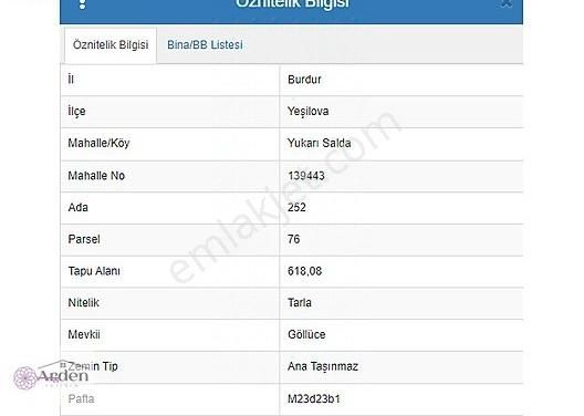 Yeşilova Salda Köyü (Yukarı) Satılık Tarla Burdur Yeşilova'da Salda Gölüne 900m, 618 M2 Satılık Tarla