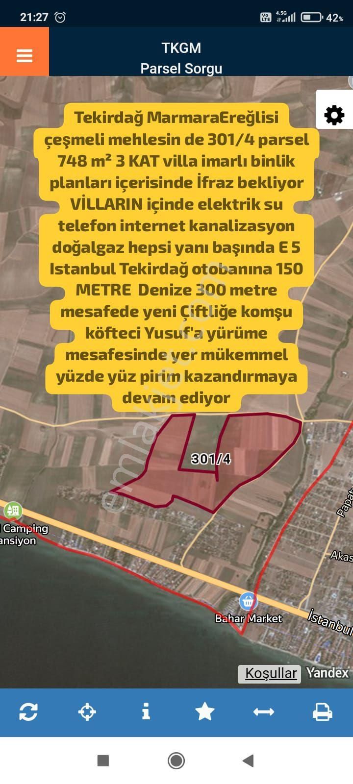 Marmaraereğlisi Çeşmeli Satılık Tarla Tekirdağ Marmaraereğlisi Çeşmeli Mehlesin De 301/4 Parsel 748 M² 3 Kat Villa İmarlı