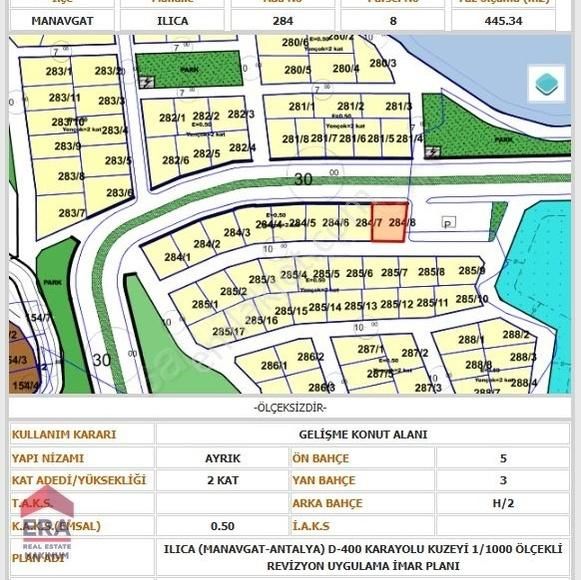 Manavgat Ilıca Satılık Konut İmarlı Antalya Manavgat Ilıca'da 445 M² Satılık Arsa